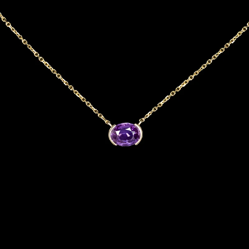 Vintage Pendant Necklaces-PURPLE SAPPHIRE PENDANT NECKLACE OVAL SHAPE EAST WEST 14k YELLOW GOLD 1.12ct