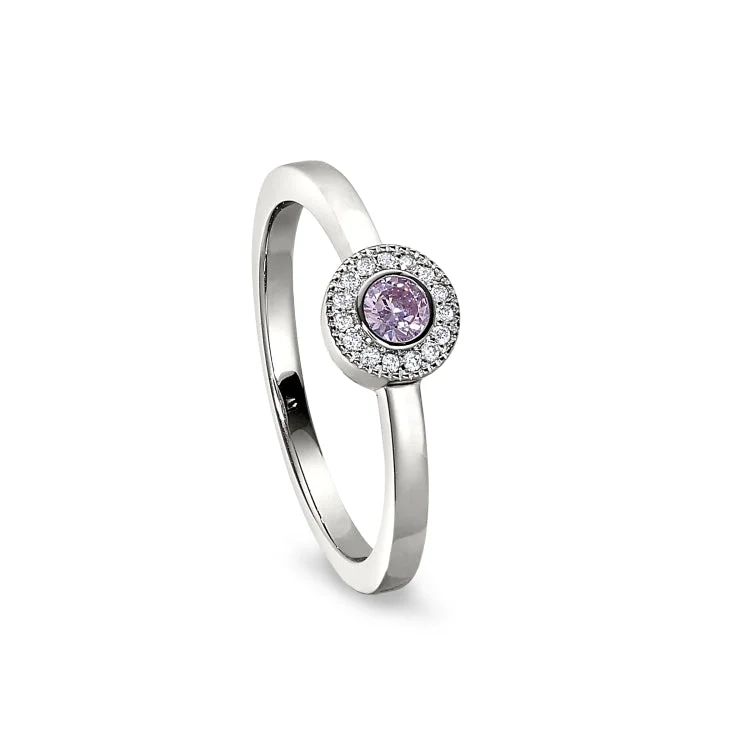 Two-Tone Rings-Platinum Finish Sterling Silver Micropave Round Simulated Pink Sapphire Ring with Simulated Diamonds Size 7