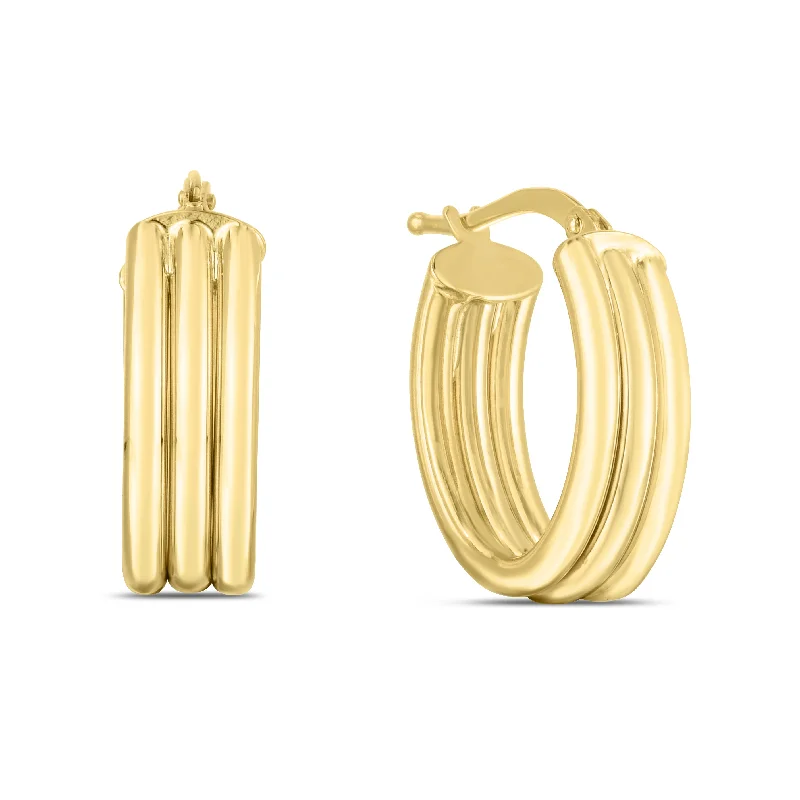 Luxury Crystal Earrings-14K Gold 17mm Triple Row Oval Hoops