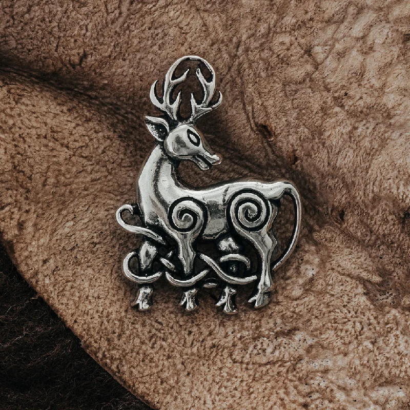 Sparkling Brooch For Evening Attire-Cernunnos Stag Brooch, Silver