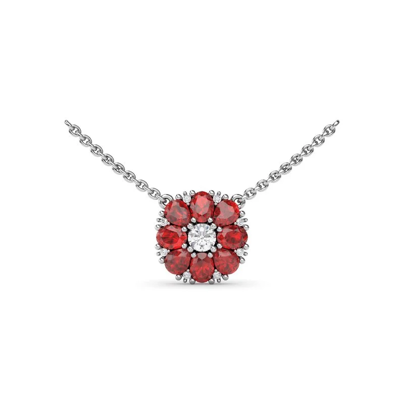 Bridal Necklaces-Ruby Flower Cluster Necklace N1873R