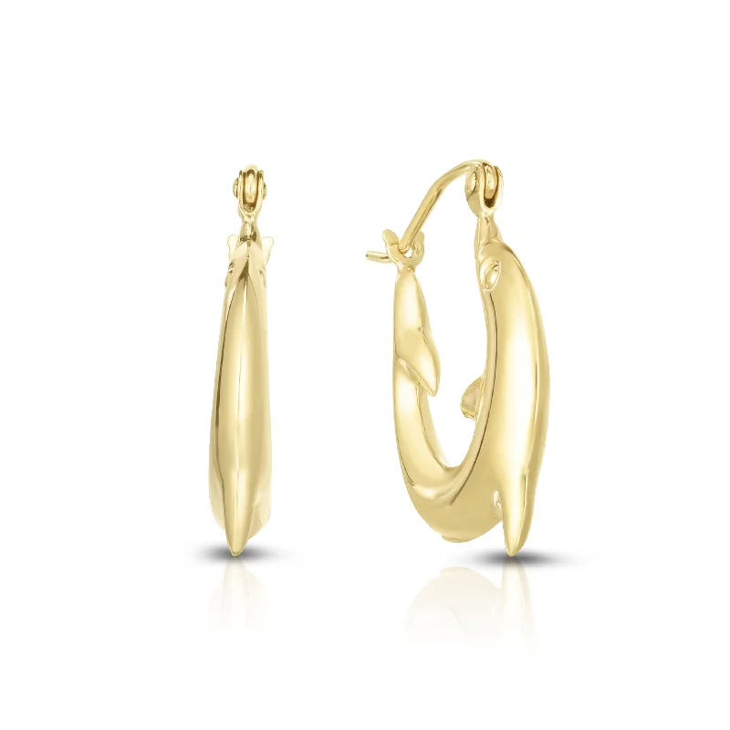 Trendy Crystal Drop Earrings-14K Gold Small Dolphin Back to Back Hoop Earring