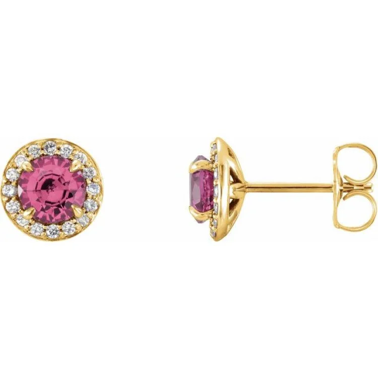 Stud Earrings for Men-14K Yellow 3.5 mm Natural Pink Tourmaline & 1/8 CTW Natural Diamond Earrings