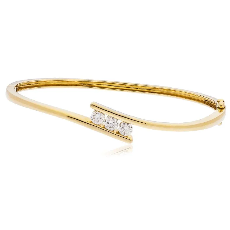 Bangles For Working Women-DIAMOND THREE STONE CROSS OVER BANGLE IN 18K YELLOW GOLD