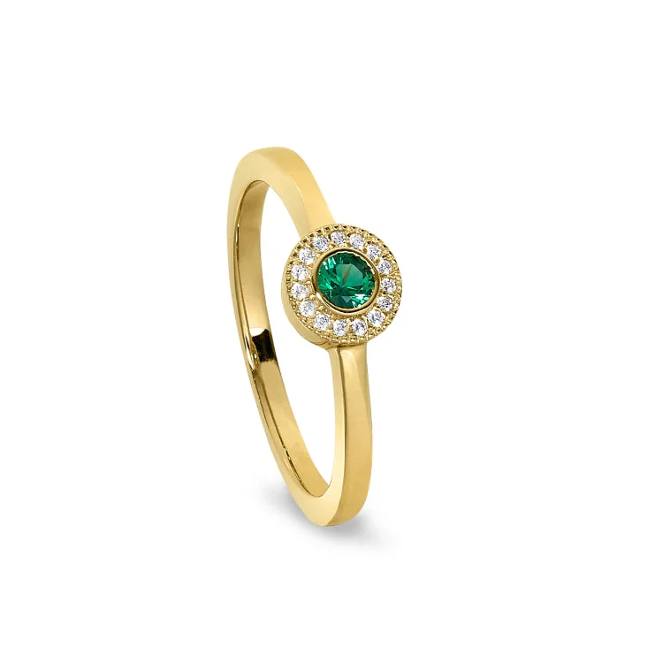 Fashionable Gold Rings-Gold Finish Sterling Silver Micropave Round Simulated Emerald Ring with Simulated Diamonds Size 7