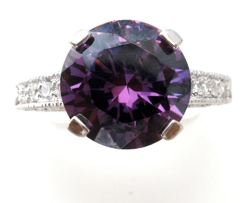 Luxury Gemstone Rings-Sterling Silver Ring with Purple Cubic Zirconia Size 7