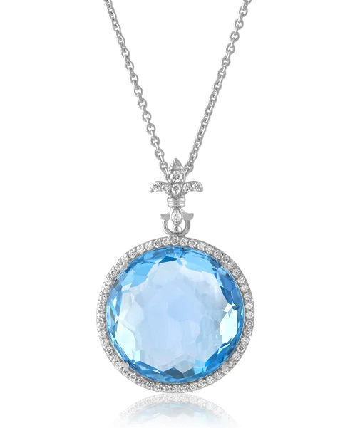 Crystal Pendant Necklaces-Sky Blue Topaz Round Necklace with Diamonds 346-JSA