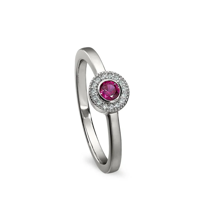 Multi-Stone Rings-Platinum Finish Sterling Silver Micropave Round Simulated Ruby Ring with Simulated Diamonds Size 8