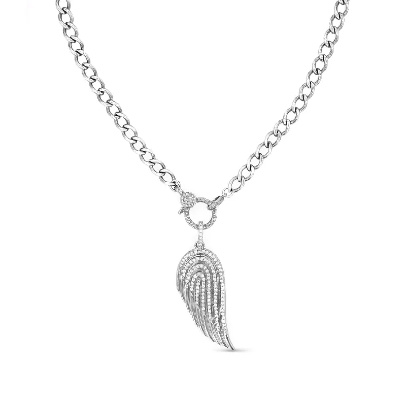 Beaded Pendant Necklaces-Diamond Angel Wing Pendant on Curb Chain Necklace - 17"  N0003357