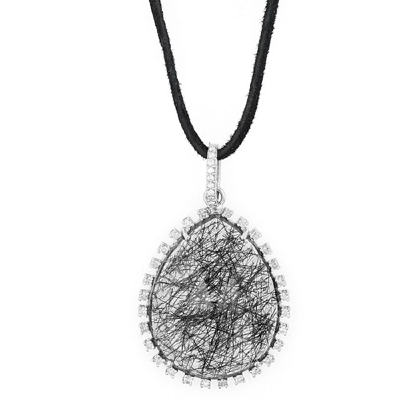 Sparkly Pendant Necklaces-Rutilated Quartz Teardrop Pendant with Diamonds on Suede Cord Necklace  N0003431