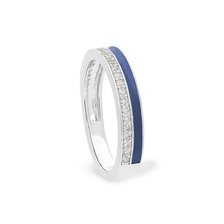 Birthstone Rings-Platinum Finish Sterling Silver Micropave Ring with with Navy Enamel and Simulated Diamondss