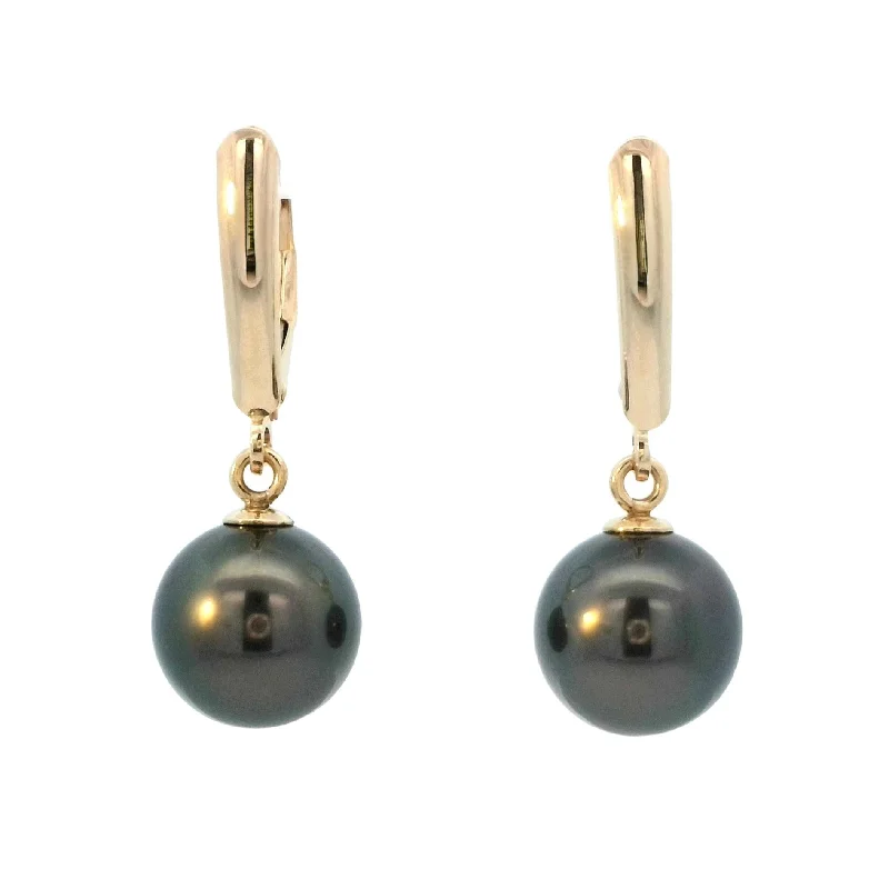 Handmade Gemstone Drop Earrings-Tahitian Pearl Leverback Dangle Earrings in Yellow Gold