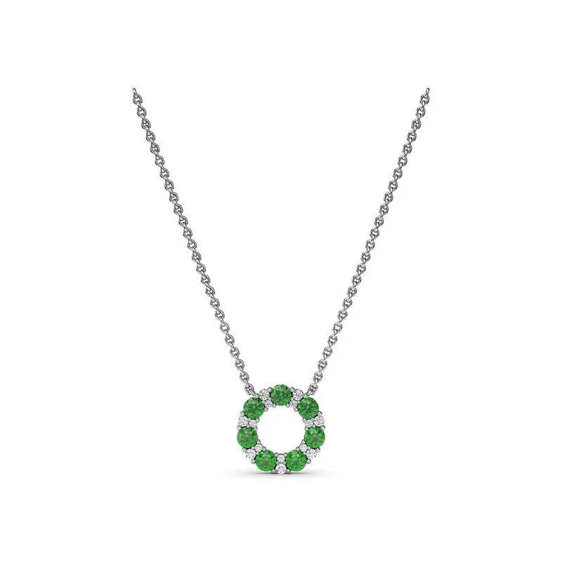 Diamond Pendant Necklaces-Shared Prong Emerald and Diamond Circle Necklace N1868E