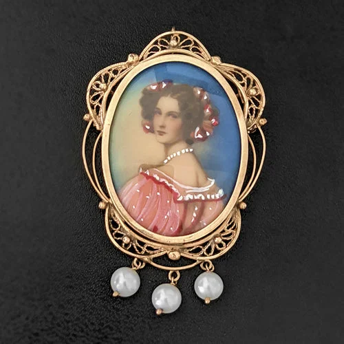 Silver Diamond Necklaces-HAND PAINTED VINTAGE PORTRAIT PENDANT 14K YELLOW GOLD PEARL FILIGREE NECKLACE