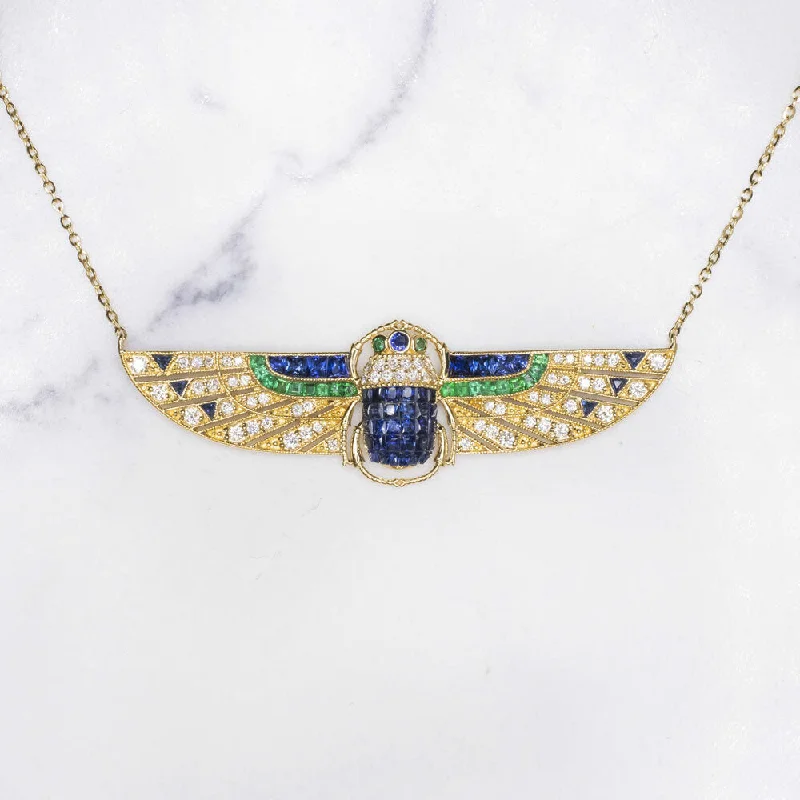 Angel Wing Necklaces-ART DECO STYLE SCARAB NECKLACE DIAMOND SAPPHIRE EMERALD 18k GOLD VINTAGE PENDANT