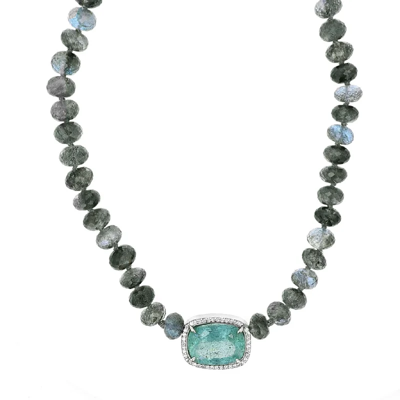 Sparkling Necklaces-Diamond Halo Moss Aquamarine Gemstone Pendant Beaded Necklace-18"  N0003149