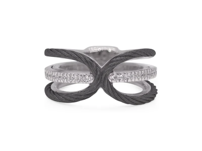 Engagement Rings-ALOR Black Cable Ring with 18kt Gold & Diamonds