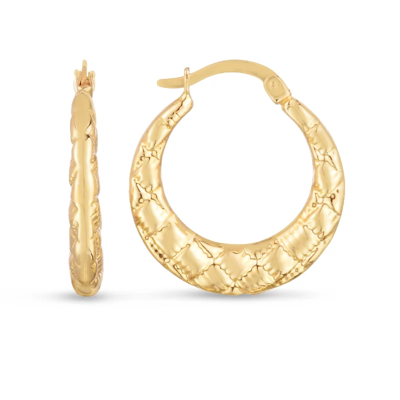 Gold Dangle Stud Earrings-14K Puffed Checkerboard Hoops