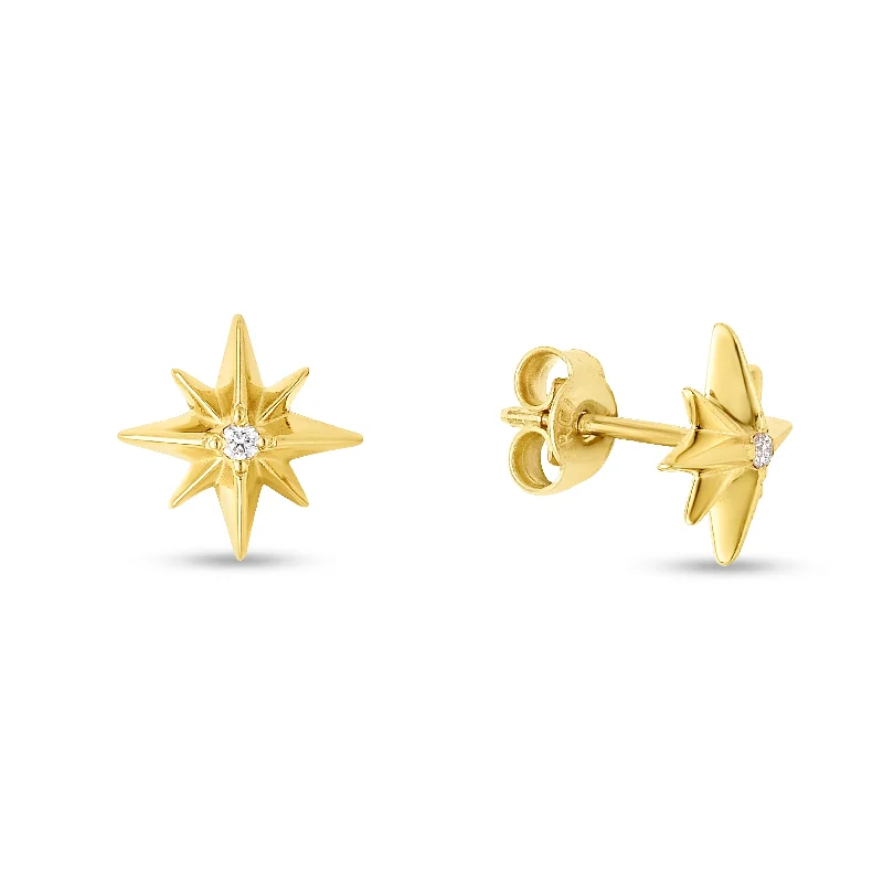 Luxury Gold Stud Earrings-14K Gold Diamond North Star Earrings