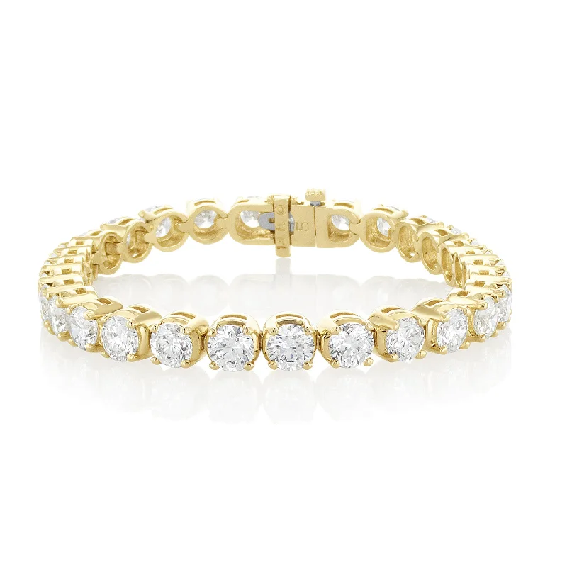 Leather Bracelets With Silver Accents-15.00 Carat Round Lab Grown Diamond Tennis Bracelet set in 14K Yellow Gold