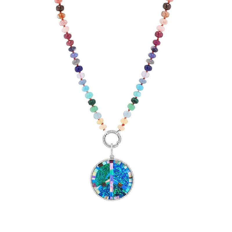 Butterfly Necklaces-Opal Inlay and Diamond Peace Pendant on Rainbow Gemstone Mix Knotted Necklace - 18"  N0003543