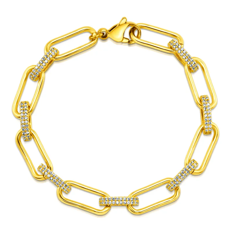 Handmade Bracelets For Gifts-PAPERCLIP BRACELET W/ CZ OVAL LINKS, GOLD