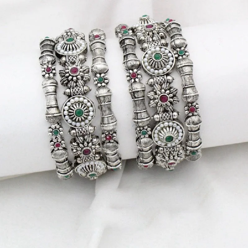 Modern Bangles-JCM  Silver Plated Pota Stone Bangle Set