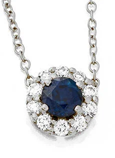 Luxury Diamond Necklaces-0.21Ct Sapphire and 0.10Ct Diamond Halo Necklace in 18K White Gold, 16inch