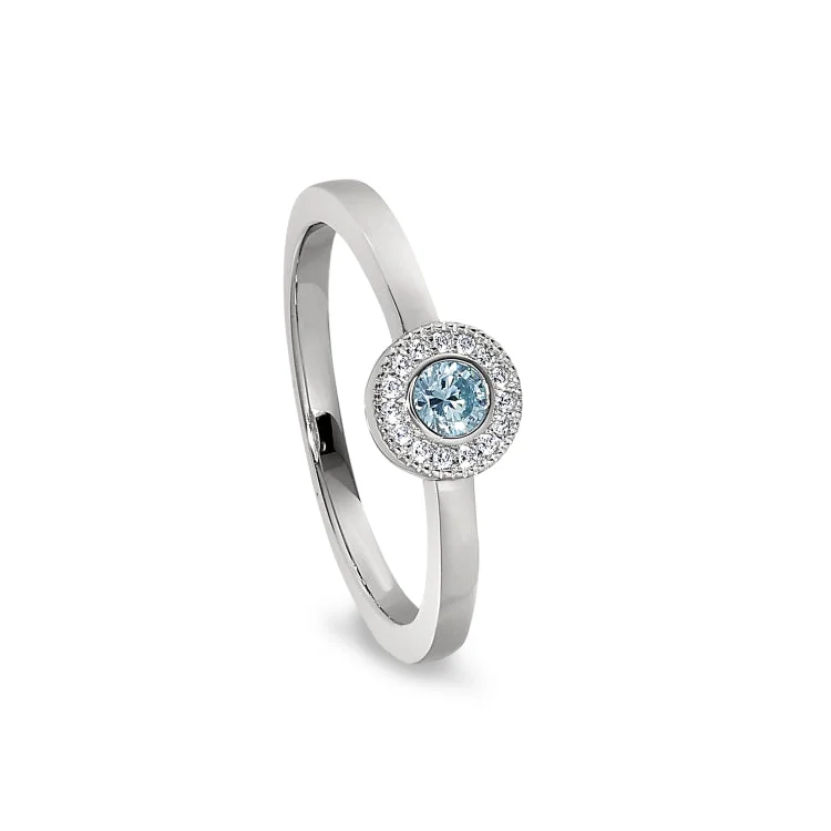 Wedding Set Rings-Platinum Finish Sterling Silver Micropave Round Simulated Aquamarine Ring with Simulated Diamonds Size 5