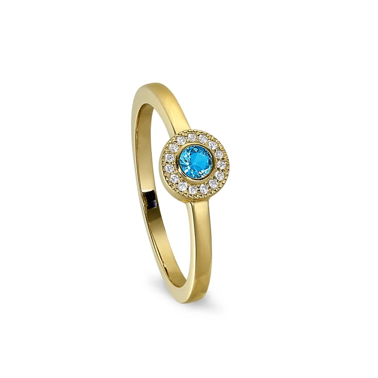 Two-Tone Rings-Gold Finish Sterling Silver Micropave Round Simulated Blue Topaz Ring with Simulated Diamonds Size 7