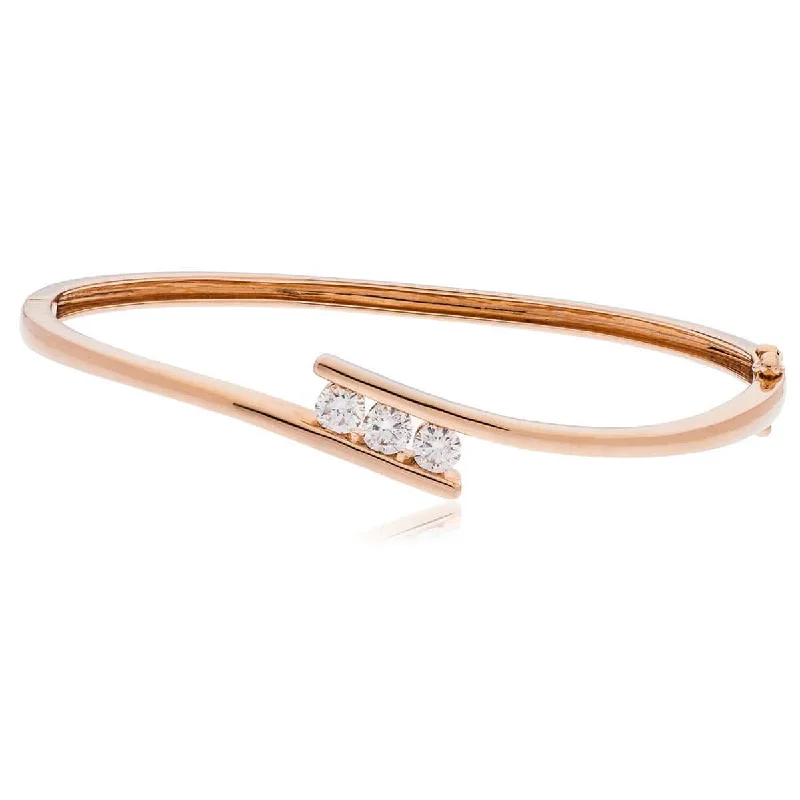 Bangles For Gift Giving-DIAMOND THREE STONE CROSS OVER BANGLE IN 9K ROSE GOLD