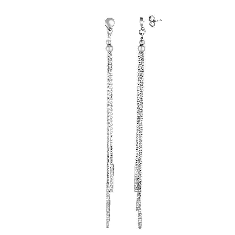 Blue Earrings-Silver Double Chain & Bar Long Dangle Earring