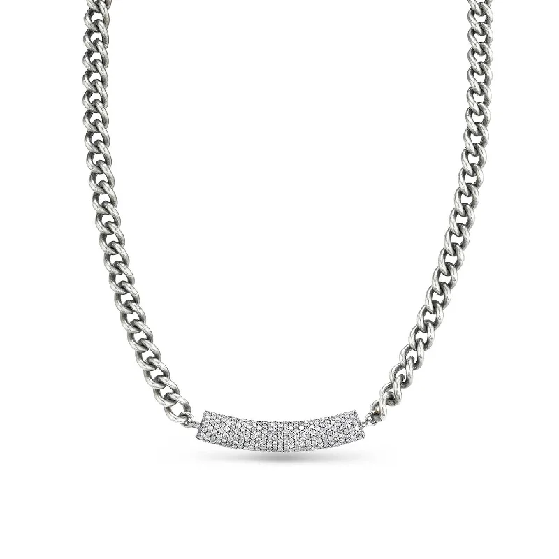 Men’s Necklaces-Short Curb Chain Necklace with Diamond Roll Bar N0000466