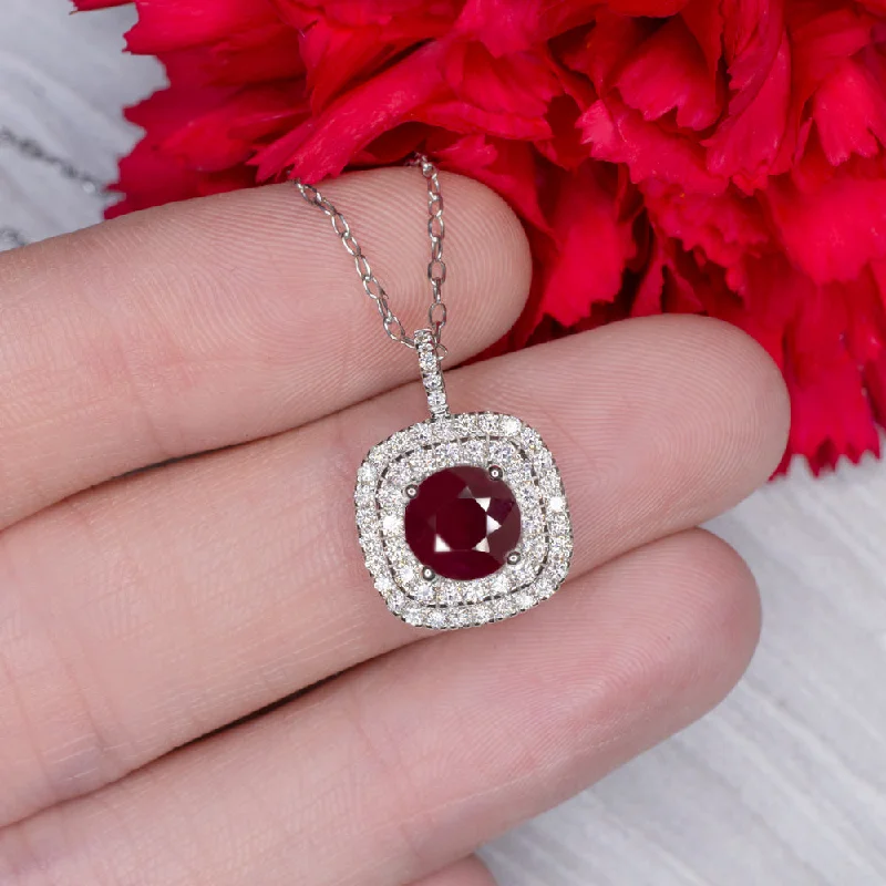 Retro Necklaces-2ct NATURAL RUBY DIAMOND PENDANT DOUBLE HALO NECKLACE ROUND CUT CUSHION SHAPE