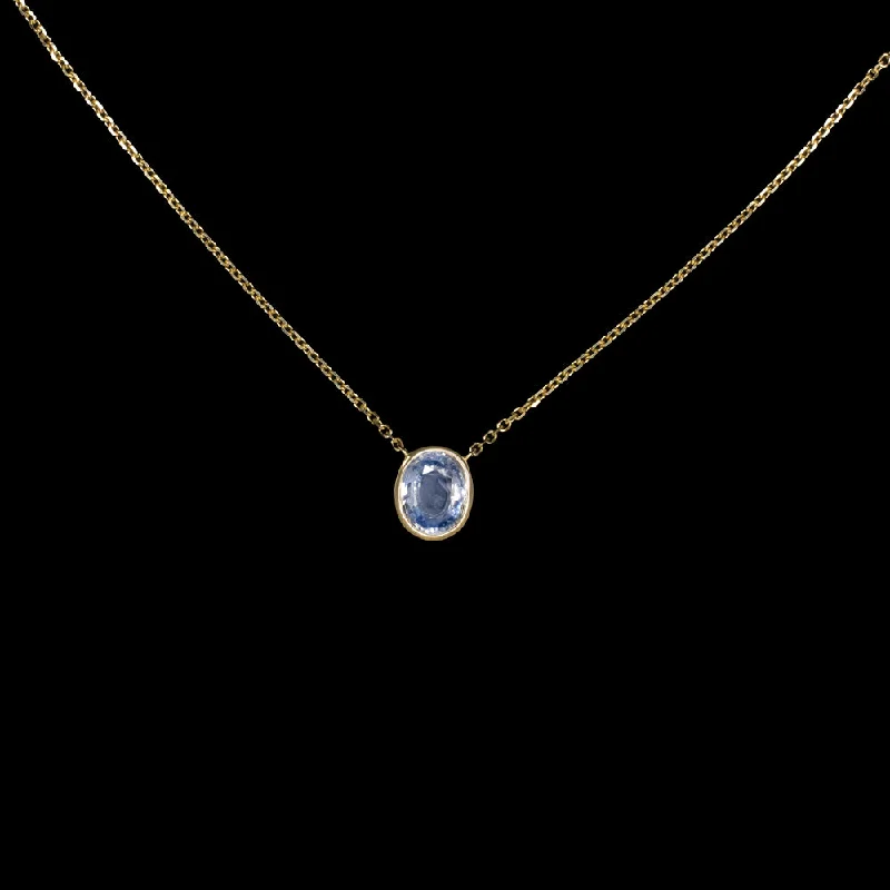 Personalized Gold Necklaces-LIGHT BLUE SAPPHIRE PENDANT NECKLACE OVAL SHAPE CUT BEZEL 14k YELLOW GOLD 1.26ct