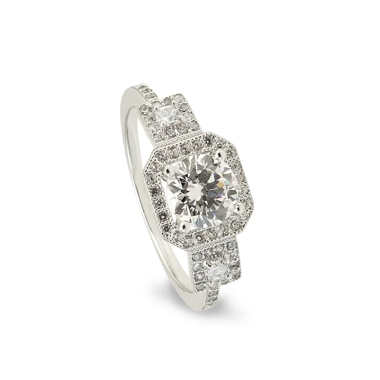 Wedding Rings With Art Deco Style-Platinum Finish Sterling Silver Micropave Octagon Ring with 59 Simulated Diamonds