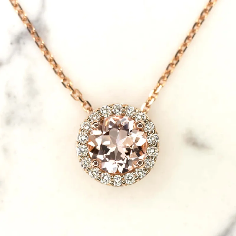 Butterfly Necklaces-NATURAL MORGANITE DIAMOND HALO PENDANT NECKLACE ROUND CUT ROSE GOLD PEACH PINK