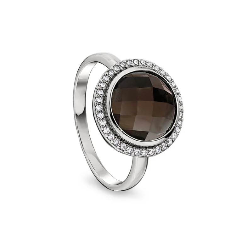 Minimalist Rings-Platinum Finish Sterling Silver Micropave Facet Cut Smoky Quartz Ring with Simulated Diamonds