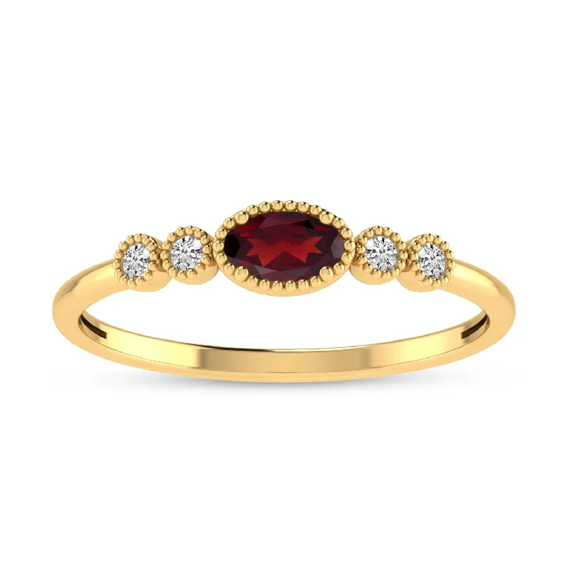 Luxury Gemstone Rings-14K Yellow Gold Oval Garnet and Diamond Stackable Ring RM4307X-JAN