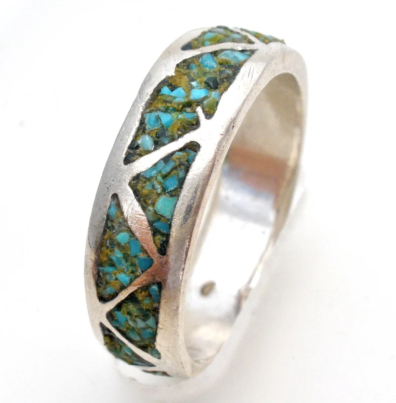 Birthstone Rings-Sterling Silver Mosaic Turquoise Band Ring Size 7