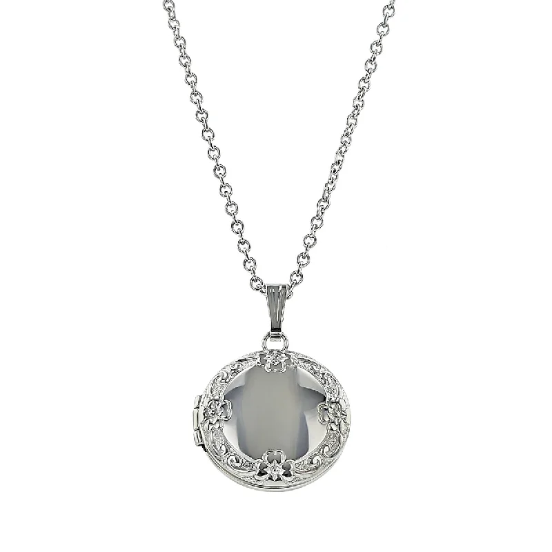 Antique Necklaces-STERLING SILVER 13MM EMBOSSED BORDER ROUND LOCKET WITH 15" CABLE CHAIN NECKLACE