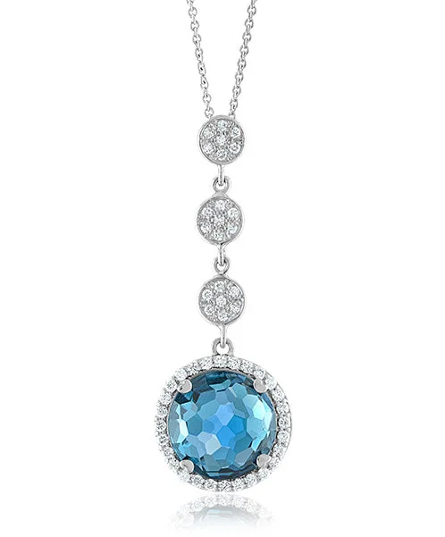 Minimalist Necklaces-Blue Topaz Round Necklace with Triple Disc Bail and Diamonds 322-JSA