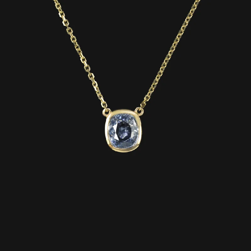 Simple Necklaces-BLUE SAPPHIRE PENDANT NECKLACE CUSHION SHAPE BEZEL 14K YELLOW GOLD NATURAL 1ct