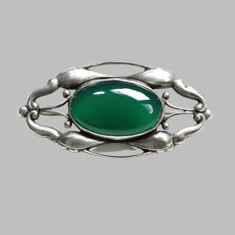 Brooch For Spring Dresses-Early Georg Jensen Jewelry | Chrysoprase Art Nouveau Silver Vintage Brooch 197