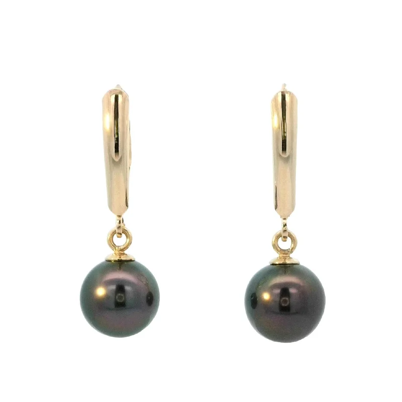 Black Diamond Drop Earrings-Tahitian Pearl Leverback Dangle Earrings in Yellow Gold