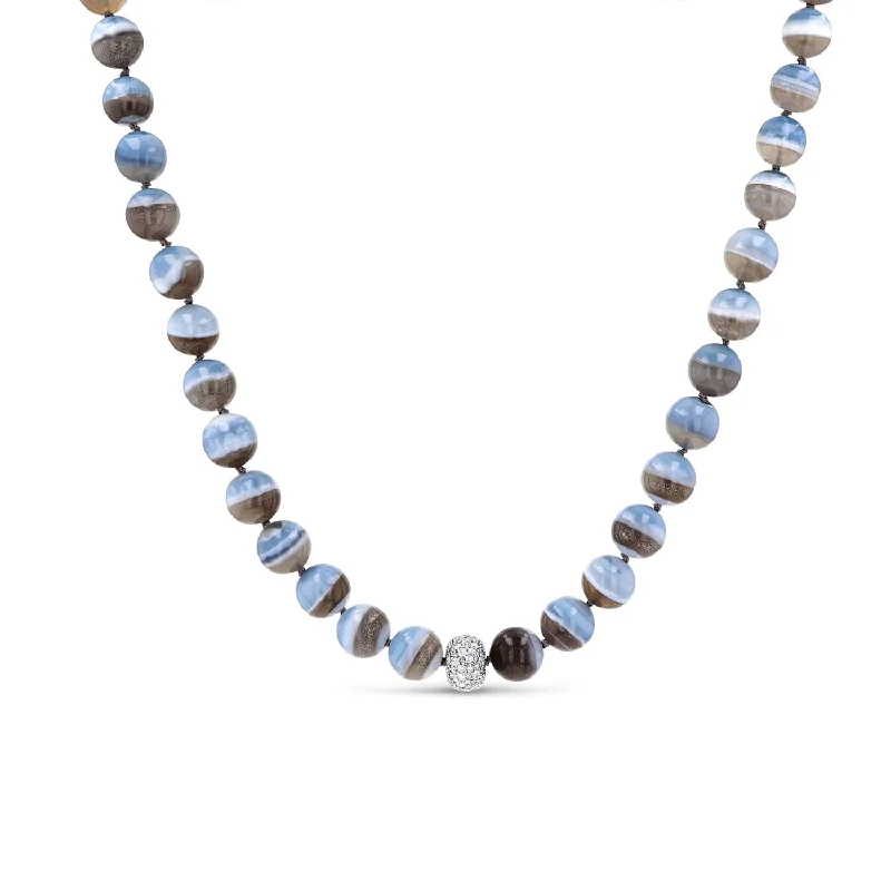 Custom Initial Necklaces-Blue Opal Matrix Bead Necklace with Cobblestone Diamond Donut - 16-18"  N0003148