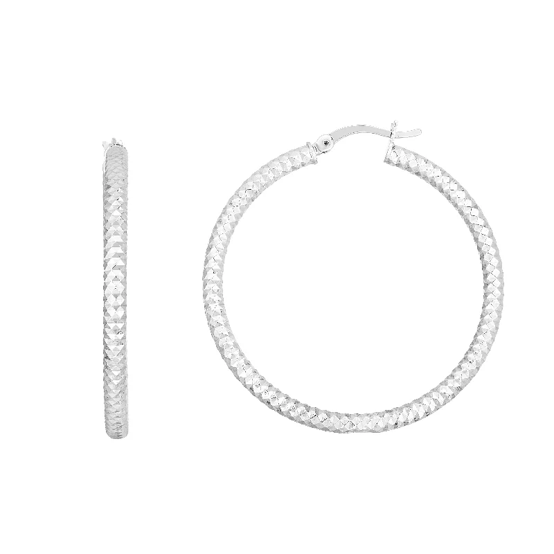 Handmade Diamond Earrings-Silver 35mm Linear Diamond Cut Hoops