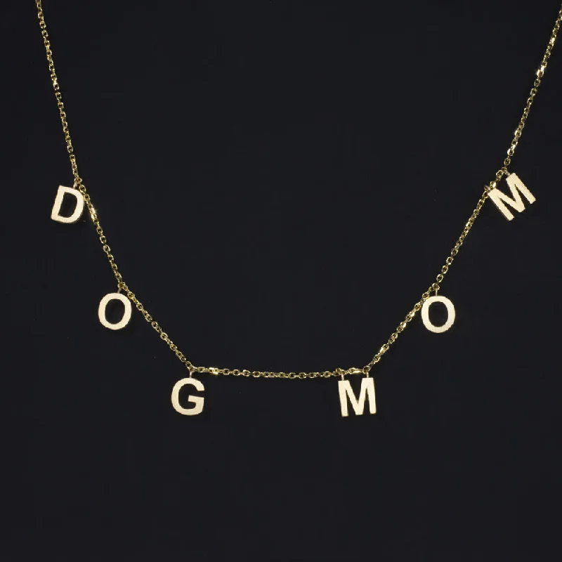 Choker Necklaces-DOG MOM WORD NECKLACE SOLID 14k YELLOW GOLD DAINTY CHAIN MINIMALIST LETTERS