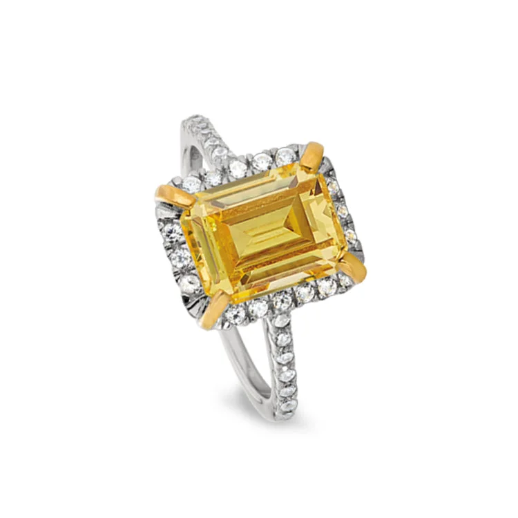 Simple Gold Wedding Bands-Platinum Finish Sterling Silver Vintage Ring with Emerald Cut Canary Stone & Simulated Diamonds