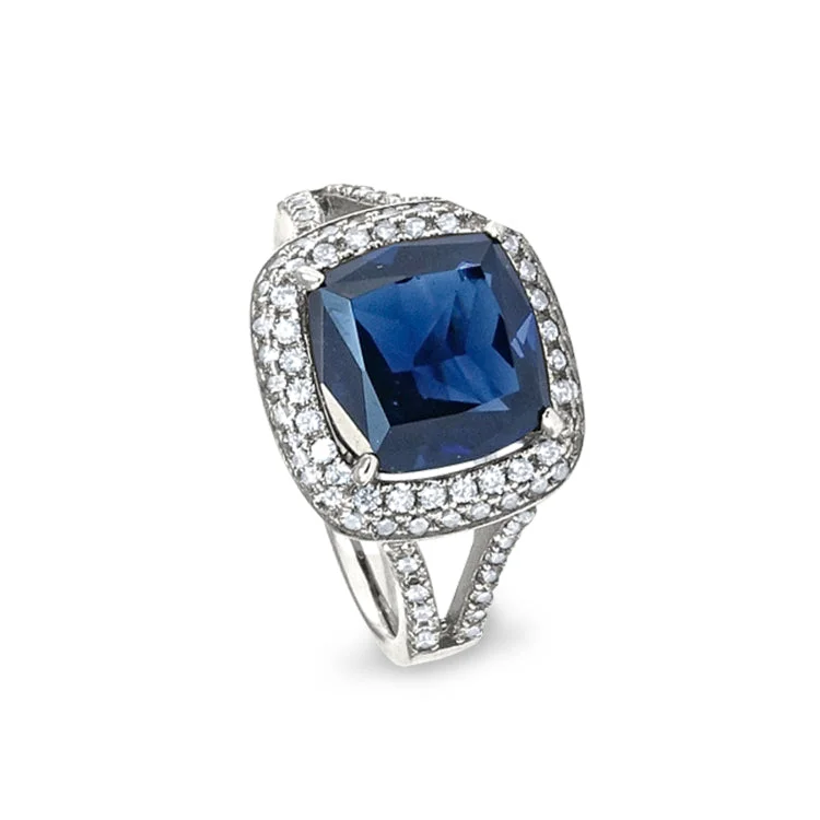 Wedding Rings With Custom Details-Platinum Finish Sterling Silver Micropave Emerald Cut Ring with Synthetic Blue Sapphire and Simulated Diamonds